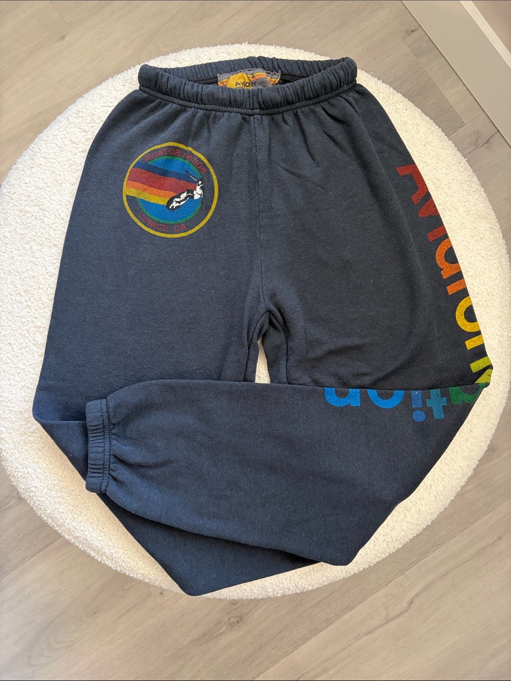 Aviator Nation Charcoal sweatpants with Rainbow Logo and Lettering